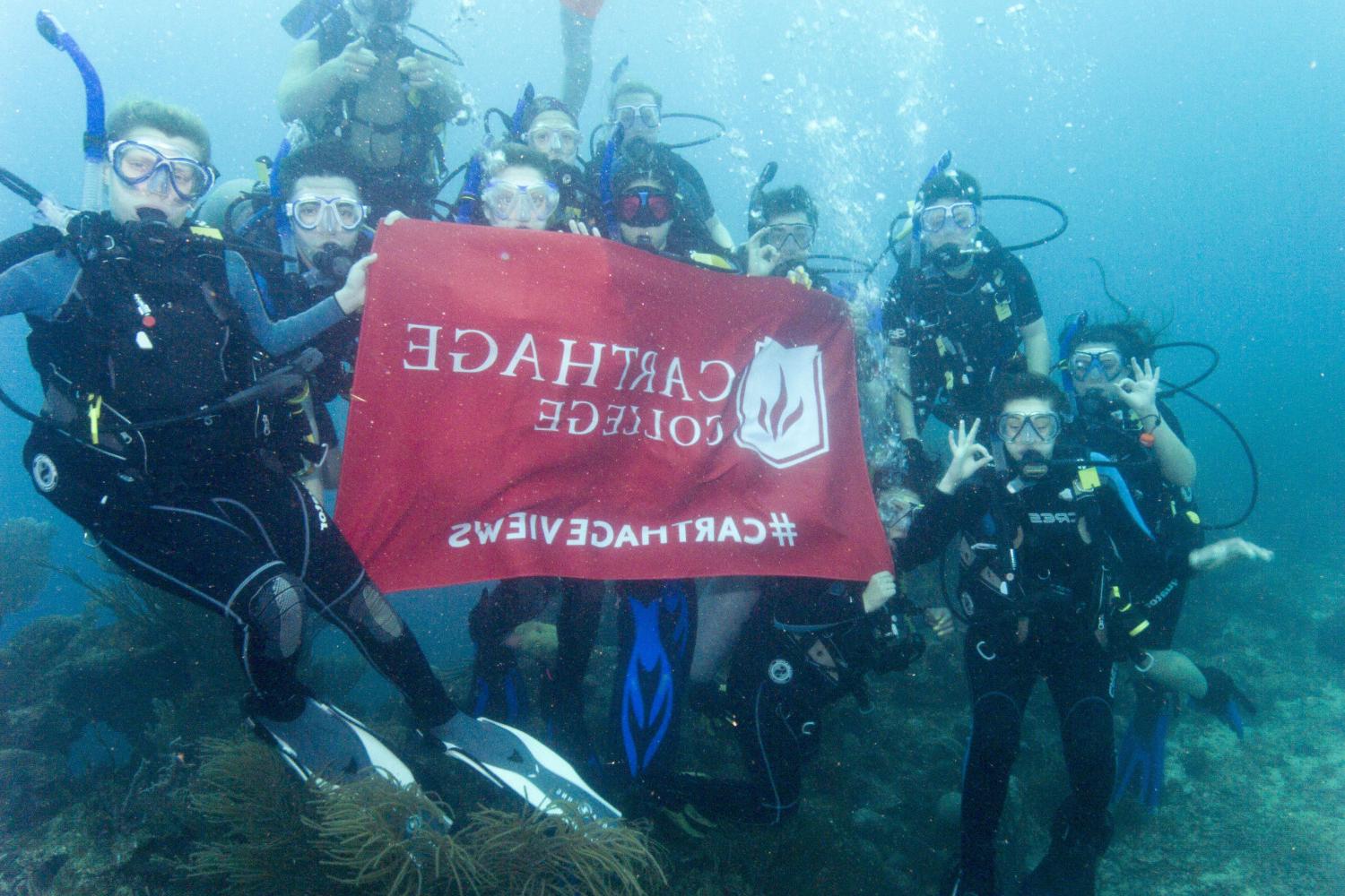 学生们手持<a href='http://st6q.qlpty.com'>bv伟德ios下载</a>旗帜，在j学期洪都拉斯游学之旅中潜水.